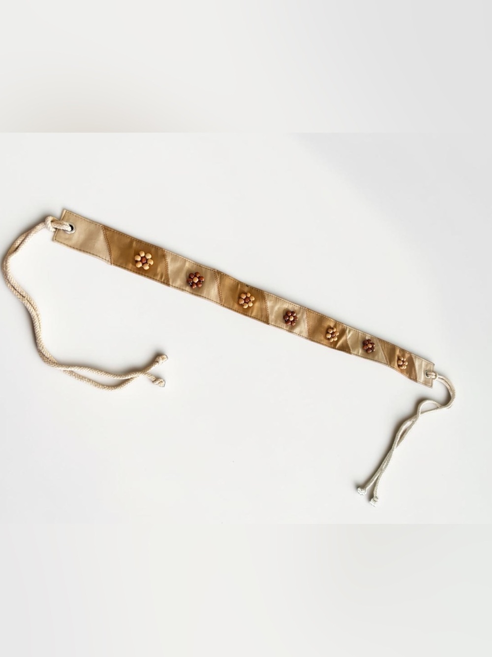 Y2K Beaded Satin Tie Belt Tan Brown Floral Boho Festival Waist Sash